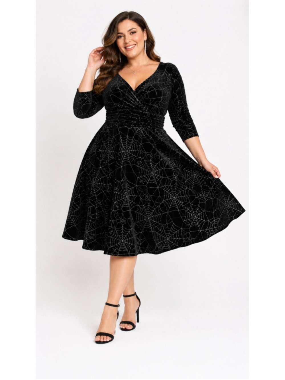 Unique Vintage Black Velvet Silver Spiderweb Dress NWT Size L (10-12) Halloween